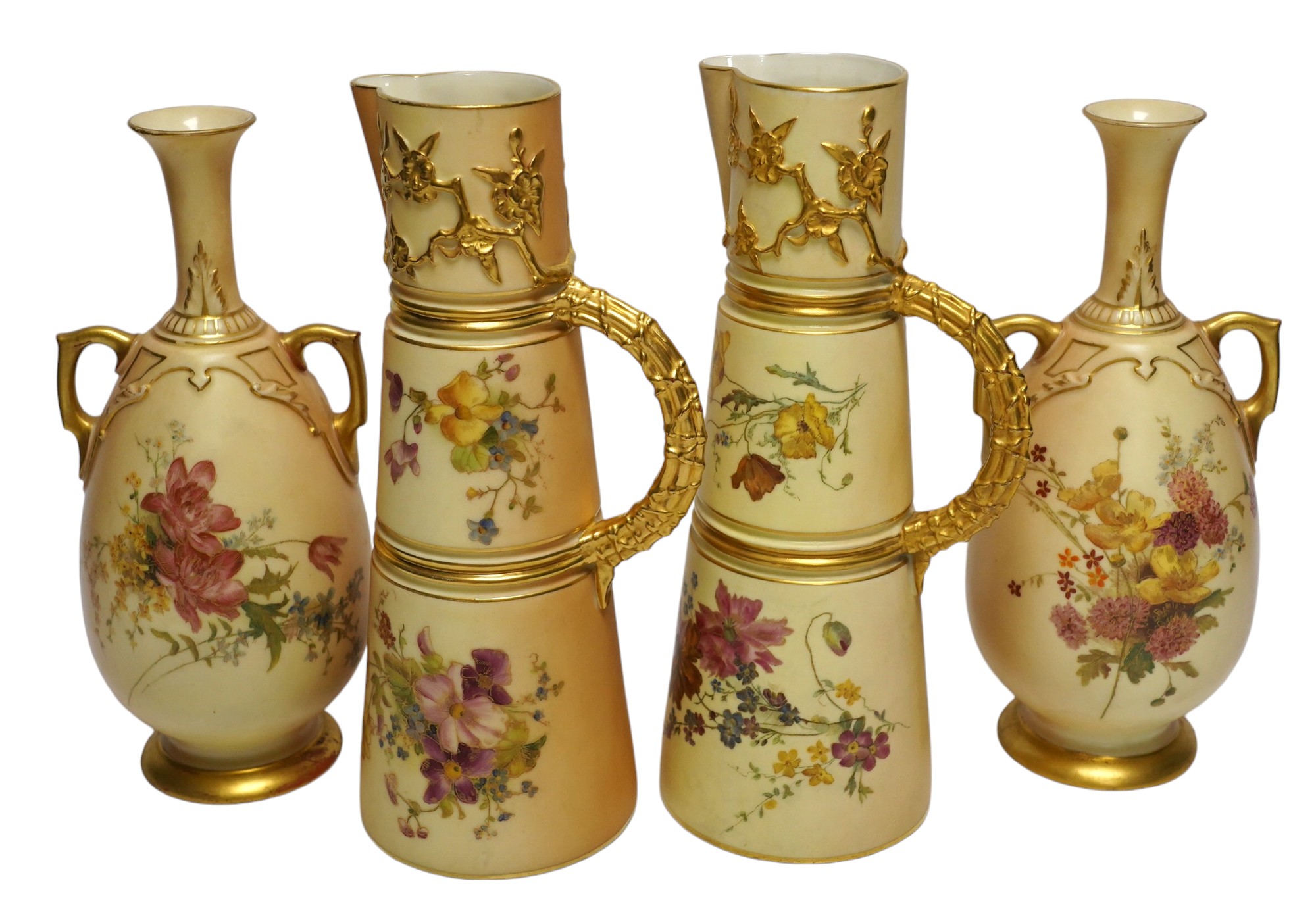 A pair of Royal Worcester blush ivory vases and a pair of ewers, tallest 22cm. Condition - good